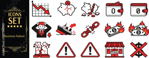 Collection of red icons depicting business failure concepts on a white background from a straightforward viewpoint