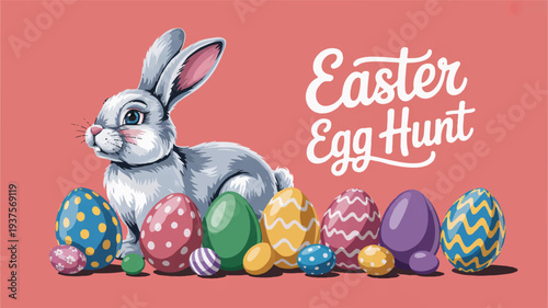 Colorful easter egg hunt scene with cartoon bunny and decorated eggs on pink background festive holiday illustration