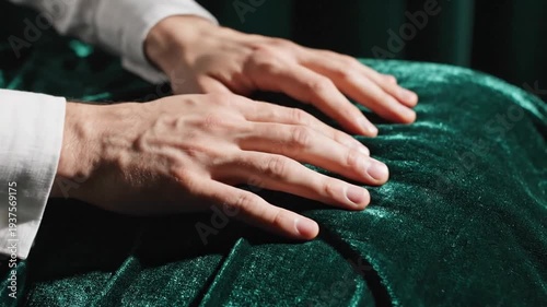 Hands touching soft luxurious green velvet fabric texture