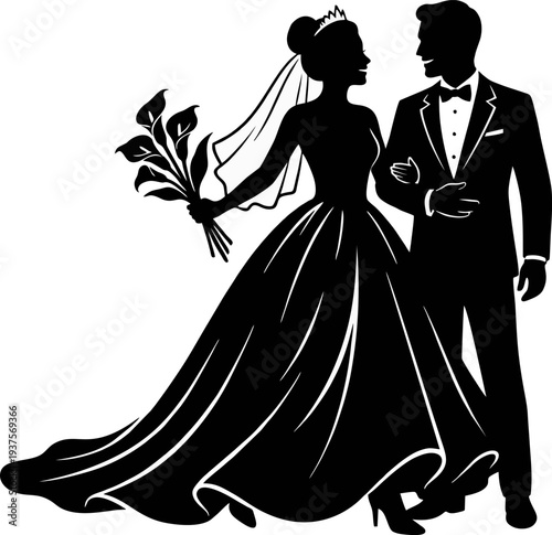 Wallpaper Mural Elegant Wedding Couple Silhouette Bride and Groom Holding Bouquet Isolated on White Background Torontodigital.ca