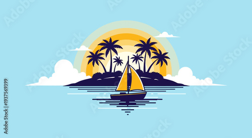 Tropical Island Sunset Sailboat