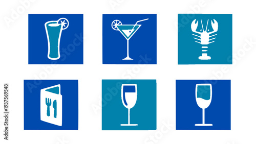 Beverage icons including cocktail, martini glass, wine glasses, lobster, and drink menu.
