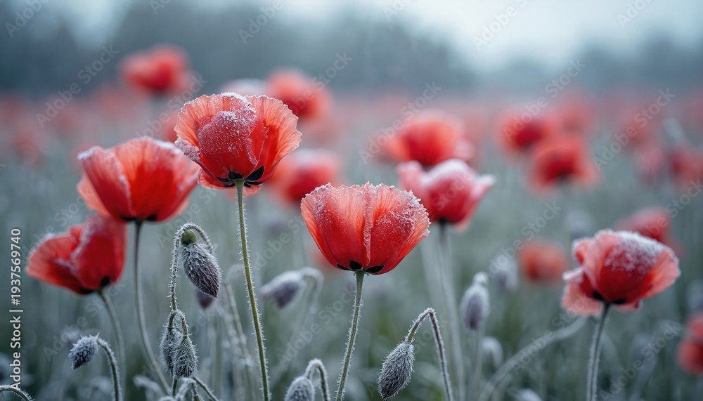 Fototapeta premium Red poppies bloom in frosty field. Delicate petals covered in ice crystals create unique winter nature contrast. Vivid color against soft grey backdrop. Peaceful seasonal scene.