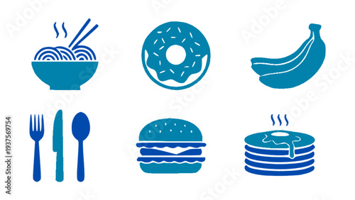 Food icons including noodles, donut, banana, burger, pancakes, and dining utensils.