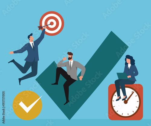 Business Team Achieving Targets Managing Time and Verifying Success, Target Achievement, Time Management, Strategic Decision Making, Project Completion, Workflow Efficiency