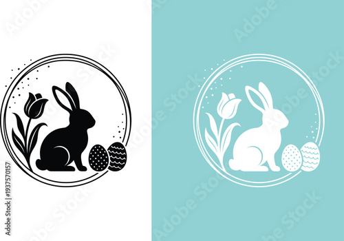 Elegant Easter Bunny Silhouette with Tulip Flowers and Decorative Egg in Circular Frame, Minimal Seasonal Spring Emblem in Black and White and Pastel Blue