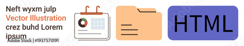 Digital tools, organization, web development, file management, coding, online resources. Calendar, folder and HTML file icons displayed side by side. Digital tools and organization concepts
