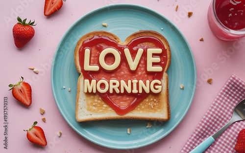 Toast with jam and strawberries on pink table