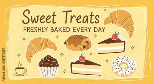 Assorted freshly baked pastries and desserts for sweet treats.