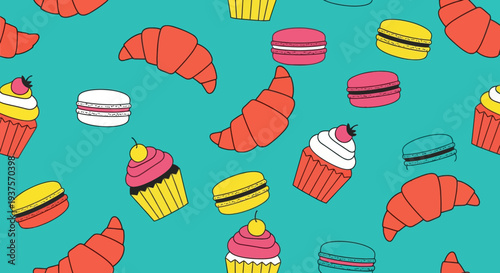 Colorful cupcakes and croissants pattern on turquoise background.