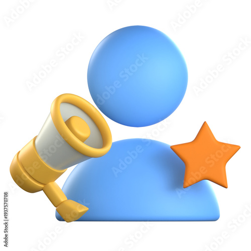 A 3D human profile icon with a megaphone and a star representing social media influence and brand promotion