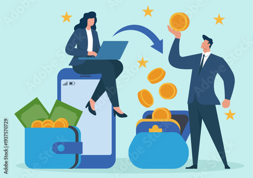 Digital Money Transfer and Online Payment Success, Mobile banking, Salary distribution, Digital wallet transaction, Financial growth, Freelance payment