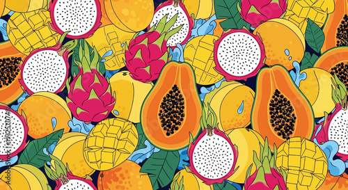 Vibrant Tropical Fruits Pattern with Papaya and Pineapple.