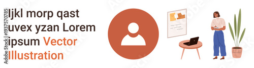 Business presentations, remote work, online profile setup, technology interface design, virtual meetings, corporate branding. A person near a laptop, plant desk and user profile icon. Business