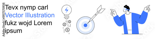 Business strategy, goal setting, innovation, leadership, problem-solving, financial progress. Minimalist icons of light bulb, dartboard and pointing individual. Goal setting and innovation concepts