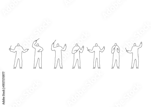 右手に指揮棒を持つ指揮者のゆるい手描きの線画イラストセット