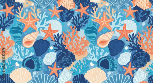 Seamless pattern of seashells, starfish, and coral in shades of blue and orange.