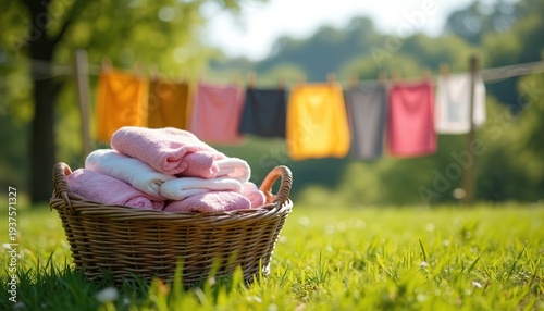 Basket of pastel folded clothes sits on green grass near clothesline with bright laundry drying. Fresh linen air dries in sunny daylight. Natural country scene.