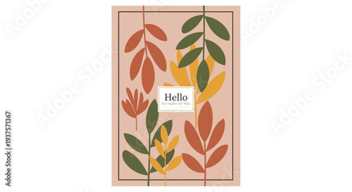 Greeting card with autumn leaves and hello message.