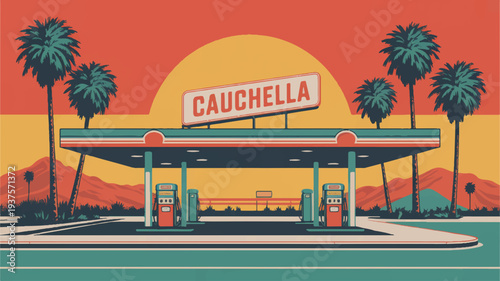 Retro gas station with cauchella sign at sunset palm trees and mountains in background vintage travel