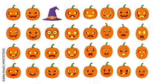 Collection of Halloween pumpkin faces with various spooky and funny expressions, a witch hat, and decorative elements for festive occasions