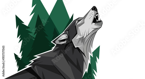 Vector illustration of a wolf howling at the moon with forest trees.