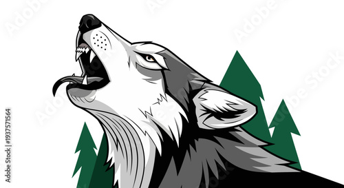 Black and white illustration of a howling wolf with forest trees.