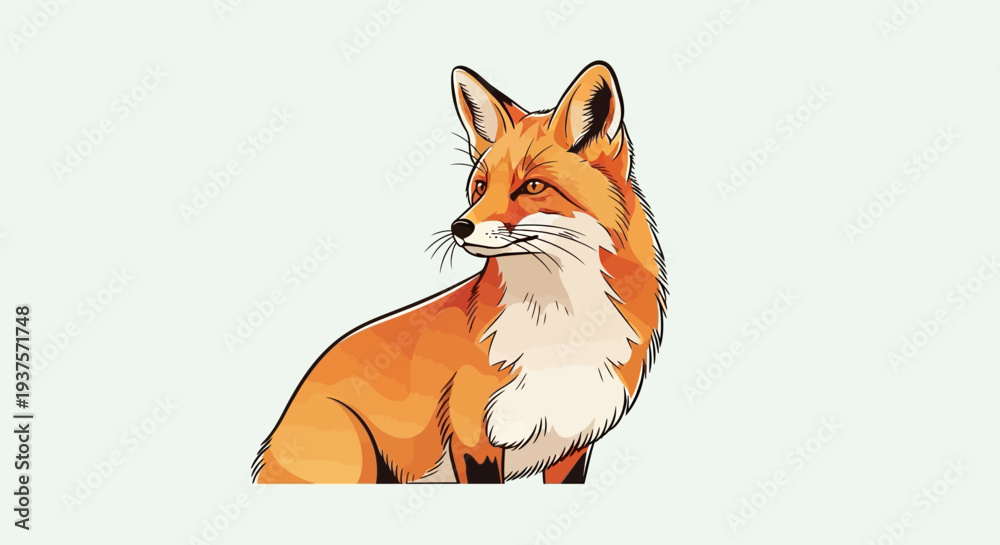 Fototapeta premium Illustration of a red fox with orange fur and white chest.