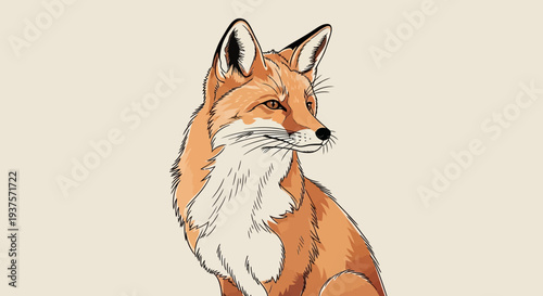 Illustration of a red fox with orange fur and white chest sitting calmly.
