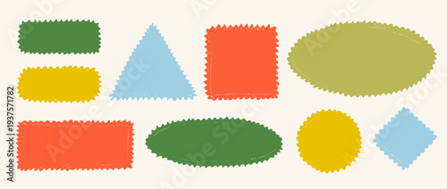 Colored hand drawn crayon stamps and boxes collection. Doodled rough edge borders and frames set. Playful sketched geometric shape pack for sticker, logo, collage, postcard, patch, label, icon. Vector