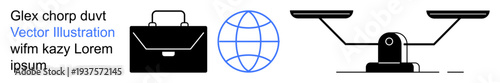 Business ethics, globalization, legal balance, decision-making, corporate responsibility, international trade. ion of a briefcase, globe and justice scales. Business ethics and globalization concept