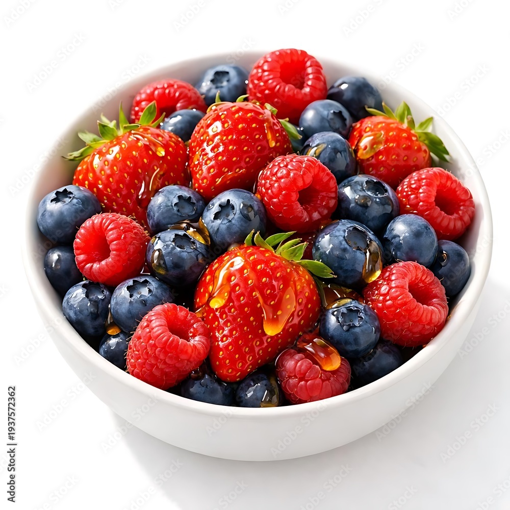 Obraz premium Mixed Berries with Honey in White Bowl Macro Flat Lay on White Background