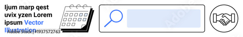 Business planning, teamwork, workflow optimization, data search, organization, scheduling. Calendar, magnifying glass and handshake symbols. Planning and collaboration concepts