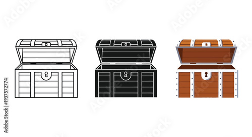 Three distinct vector graphic illustrations showcase an open antique wooden treasure chest, presenting its detailed design in outline, silhouette, and colored styles for versatile use.