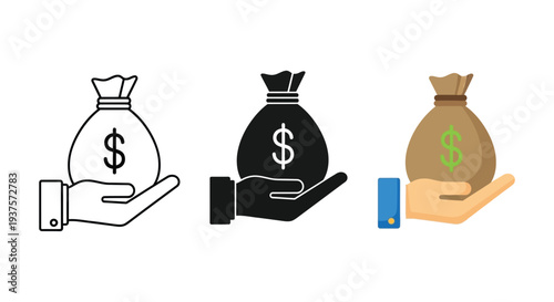 Hand holding a money bag with a dollar sign in a versatile vector graphic illustration design showcasing financial concepts.