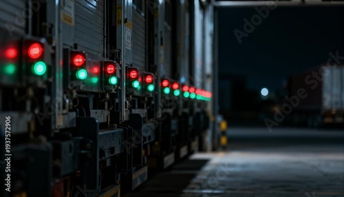 Wallpaper Mural Warehouse loading dock night truck trailer red green light logistics freight transport distribution center industrial warehouse bay shipping cargo supply chain corridor Torontodigital.ca