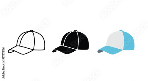 Collection of baseball cap vector graphic illustrations showing outline solid fill and color variations
