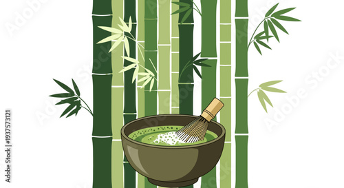 Matcha Tea Preparation with Bamboo Background