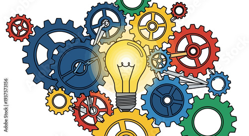 Innovative idea generation with interlocking gears and lightbulb.