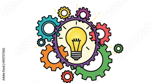 Innovative idea generation with interlocking gears and lightbulb.