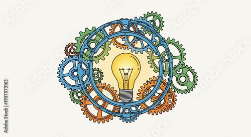 Innovative Idea Generation with Interconnected Gears and Light Bulb.
