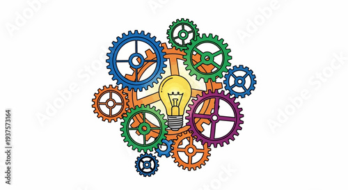 Colorful gears surrounding a lightbulb symbolizing creativity and innovation.
