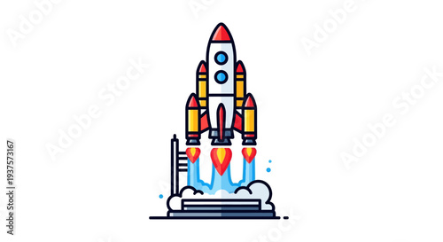 Colorful cartoon rocket ship launching into space with flames.