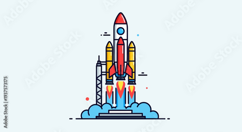 Colorful cartoon rocket ship launching into space with flames and smoke.