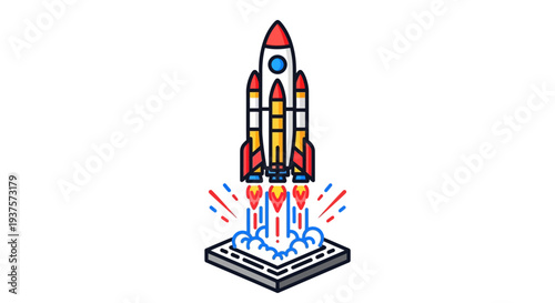 Colorful cartoon rocket ship launching from a platform.