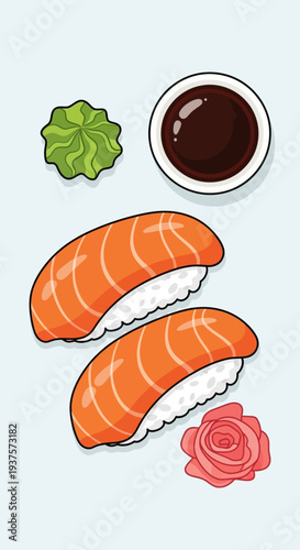 Salmon Sushi with Soy Sauce and Wasabi