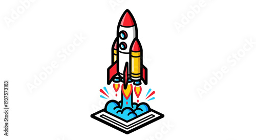 Cartoon illustration of a rocket launching from a book.