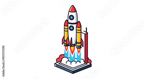 Colorful cartoon rocket launching from a launchpad with flames.
