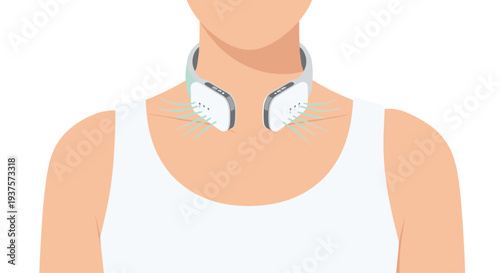 A person's upper chest and neck are shown wearing a sleek white and grey neck fan emitting a gentle blue airflow against a plain white background.