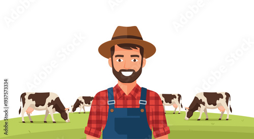 A smiling bearded farmer in a hat and overalls stands in a green field with four brown and white cows grazing in the background.
